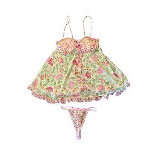 Vintage Cinema Etoile Pastel Floral Babydoll Chemise Nightie Set Y2K M